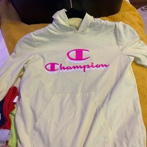 Hooded yellow champion tee with long sleeves and a hood